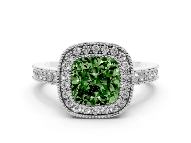 Cushion Cut Milgrain Halo Engagement Ring Setting for a Fancy Green Lab-Grown Diamond | Pavé Band | Sterling Silver