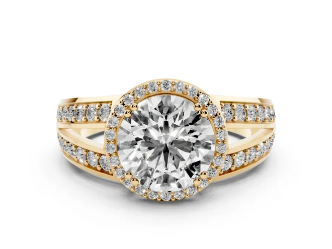 Round Halo Engagement Ring Setting | Two-Row Pavé Split Shank | Yellow Gold