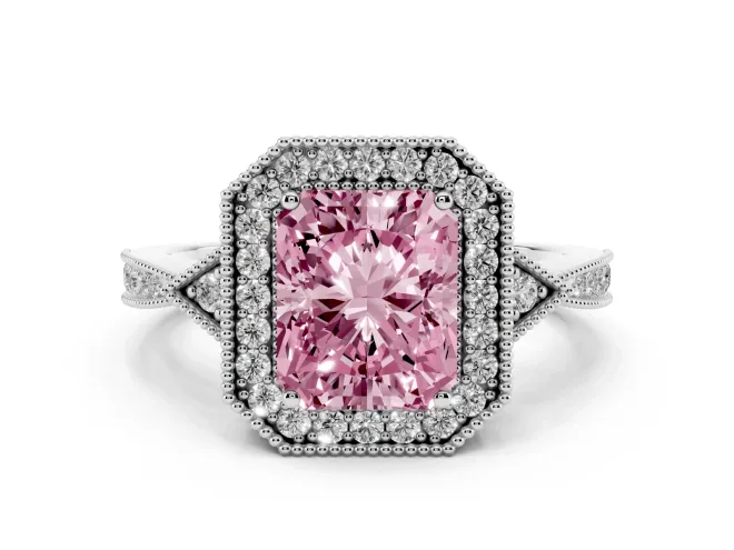 Radiant Cut Milgrain Halo Engagement Ring Setting for a Fancy Pink Lab-Grown Diamond | Graduated Pavé | White Gold