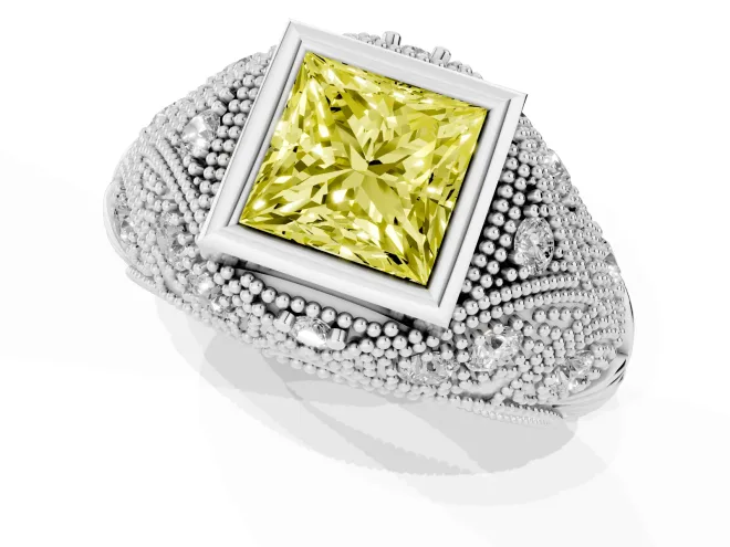 Fancy Yellow Princess Cut Diamond Bezel Ring Set in White gold with Milgrain Accent Band – second view