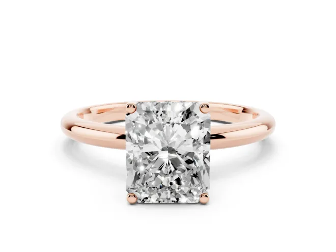 Radiant Cut Diamond Solitaire Engagement Ring Set in Rose gold with Prong Setting and Polished Band