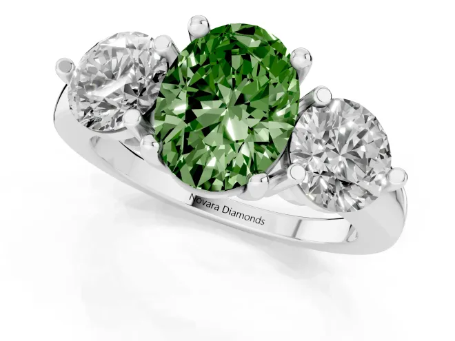 Fancy Green Oval Cut Diamond Three-Stone Ring Set in Silver with Prong Setting and Classic Band – second view