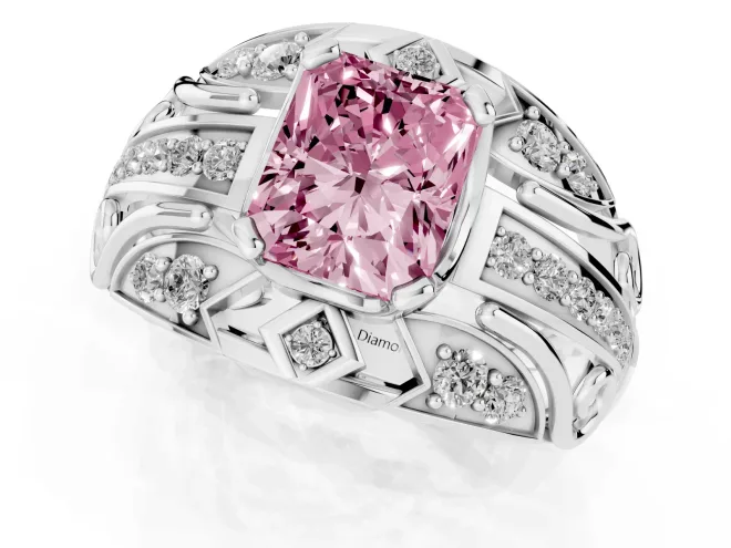 Fancy Pink Radiant Cut Diamond Art Deco Ring Set in White gold with Pavé Split Shank – second view
