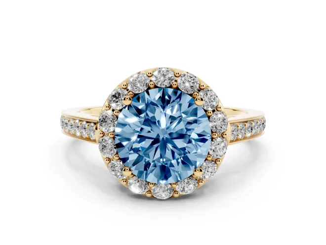 Round Floral Halo Engagement Ring Setting for a Fancy Blue Lab-Grown Diamond | Large Round Accents | Yellow Gold