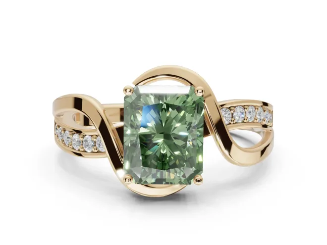 Radiant Cut Bypass Solitaire Engagement Ring Setting for a Fancy Green Lab-Grown Diamond | Pavé Strands | Yellow Gold
