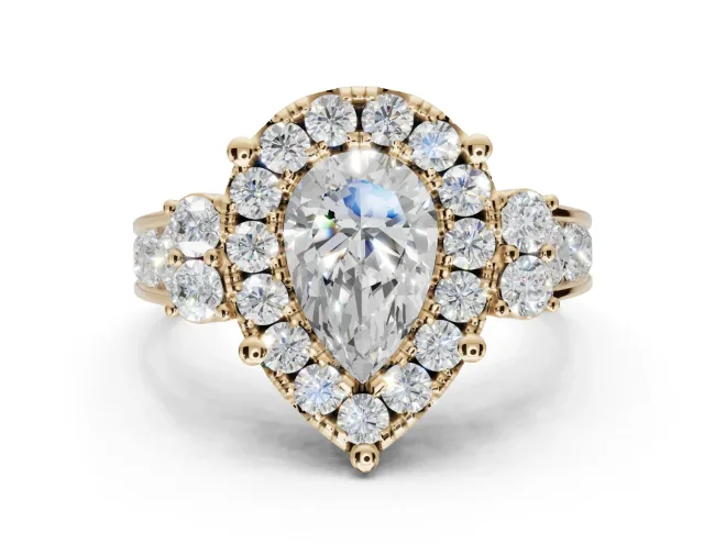 Pear-Shaped Halo Side Cluster Engagement Ring Setting | Graduated Channel Band | Yellow Gold