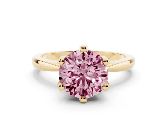 Fancy Pink Round Cut Diamond Solitaire Engagement Ring Set in Yellow gold with Slim Tapered Solitaire Band