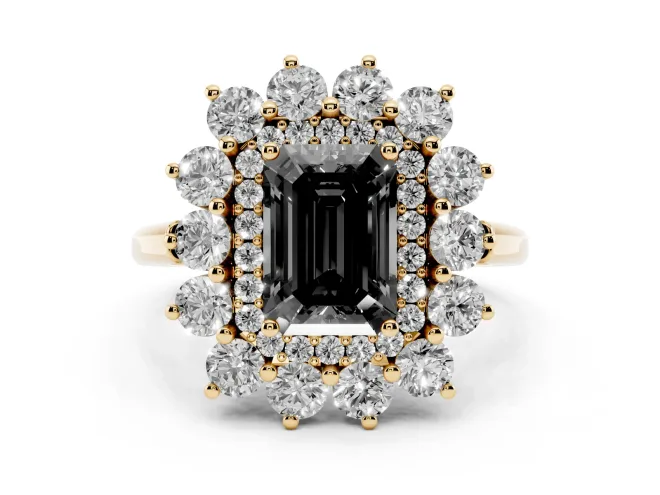 Emerald Cut Floral Double Halo Engagement Ring Setting for a Black Center | Plain Band | Yellow Gold