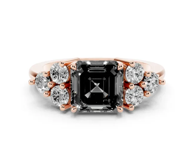 Asscher Cut Cluster Side Stone Engagement Ring Setting for a Black Center | Plain Band | Rose Gold