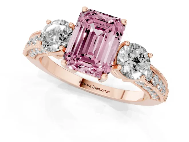 Fancy Pink Emerald Cut Diamond Three-Stone Ring Set in Rose gold with Round Side Stones and Pavé Band – second view