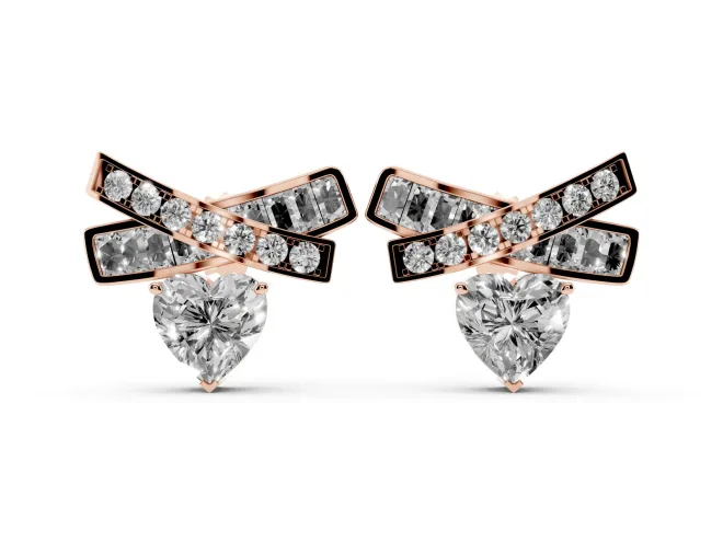 Heart Lab-Grown Diamond Crossed X Stud Earrings | Baguette and Round Bars | Rose Gold