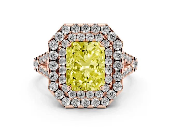Fancy Yellow Radiant Cut Diamond Double Halo Ring Set in Rose gold with Pavé Split Shank and Prong Setting