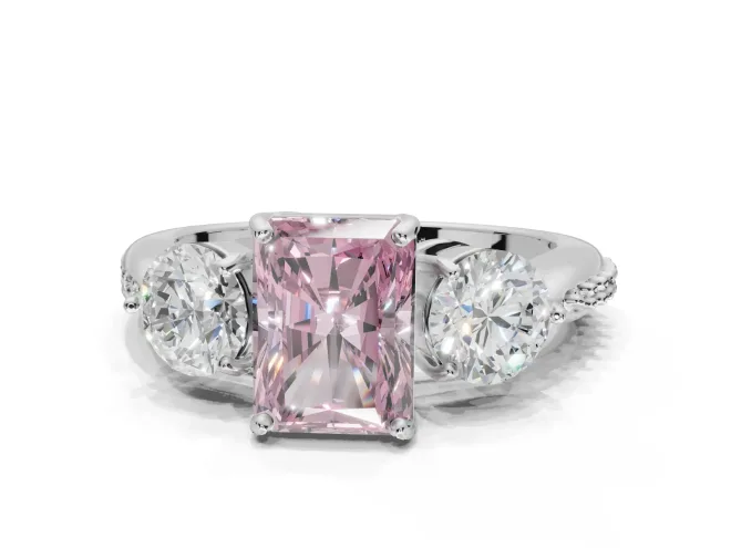 Radiant Cut Three Stone Engagement Ring Setting for a Fancy Pink Lab-Grown Diamond | Tapered Pave Band | Sterling Silver