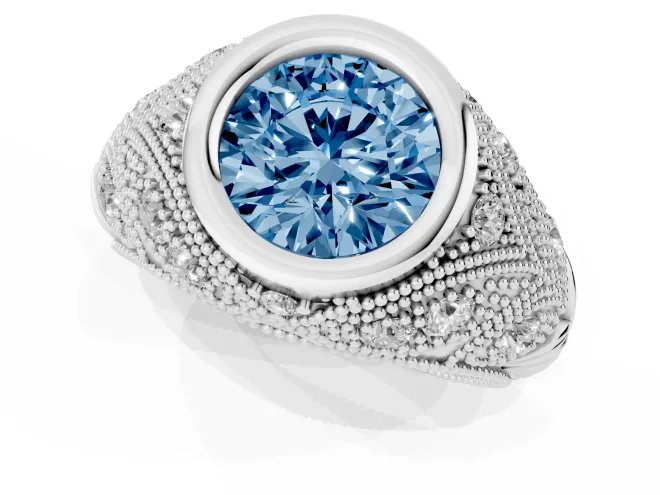 Round Vintage Bezel Engagement Ring Setting for a Fancy Blue Lab-Grown Diamond | Sterling Silver – second view