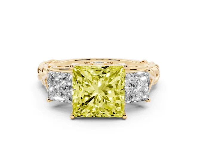 Princess Cut Three Stone Engagement Ring Setting for a Fancy Yellow Lab-Grown Diamond | Braided Band | Yellow Gold