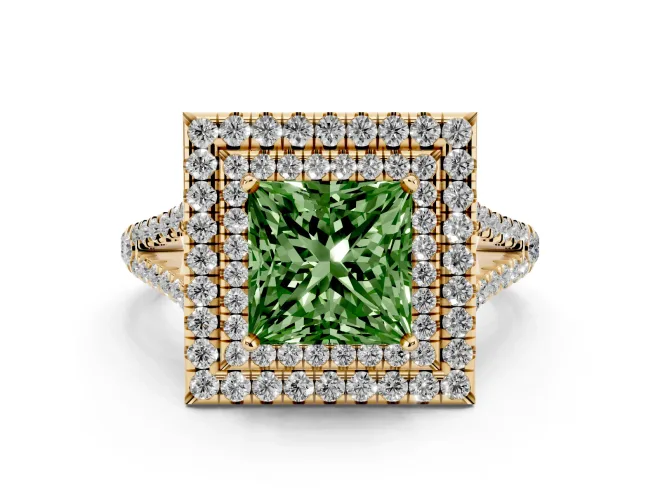 Fancy Green Princess Cut Diamond Double Halo Ring Set in Yellow gold with Pavé Band