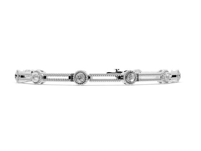 Round Lab-Grown Diamond Bezel Station Bracelet | Open Rope Bar Links | White Gold