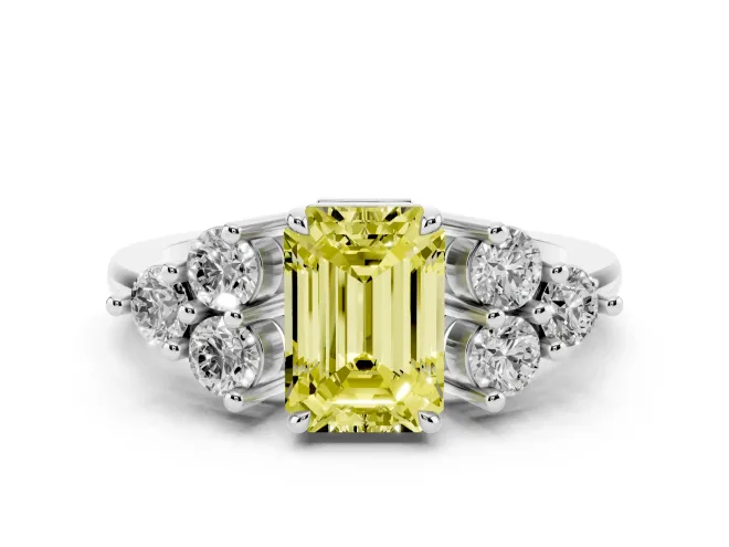 Fancy Yellow Emerald Cut Diamond Solitaire Ring Set in Silver with Cluster Accents on Each Side