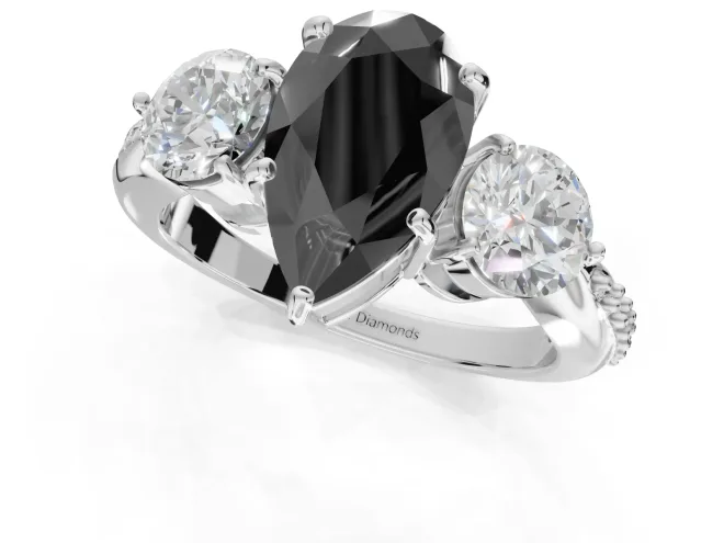 Fancy Black Pear-Shaped Lab-Grown Diamond Three-Stone Ring Set in Sterling Silver with Channel-Set Band and Prong Setting – second view