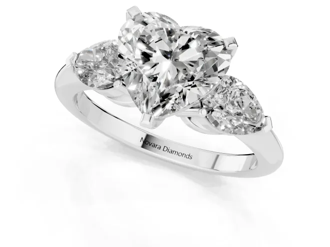 Three-Stone Heart Cut Diamond Ring Set in White gold with Pear Side Stones and Prong Setting – second view