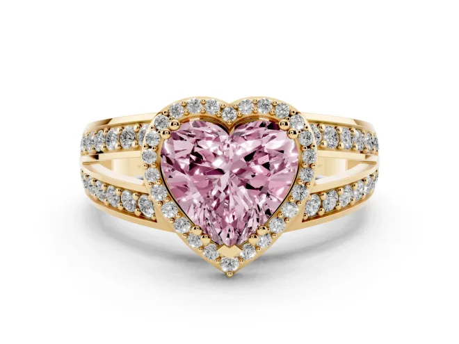 Fancy Pink Heart Cut Diamond Halo Ring Set in Yellow gold with Double Pavé Split Shank