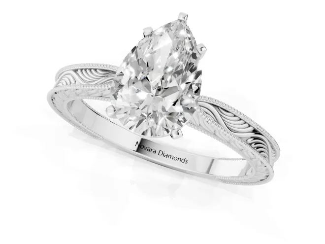 Pear Cut Diamond Solitaire Milgrain Engraved Band Set in Platinum with Prong Setting – second view