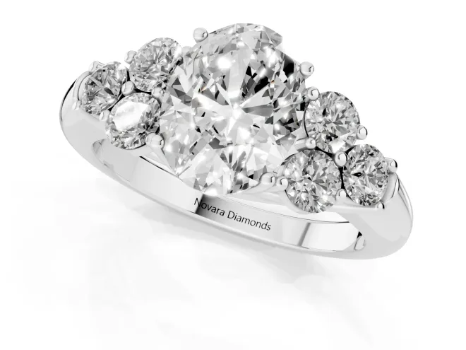 Oval Cut Diamond Cluster Ring Set in Silver with Round Accent Stones and Prong Setting on a Plain Band – second view