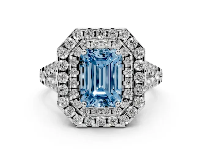 Fancy Blue Emerald Cut Diamond Double Halo Ring Set in White gold with Pavé Split Shank and Prong Setting