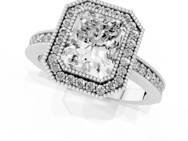 Radiant Cut Diamond Halo Engagement Ring Set in Platinum with Pavé Band and Round Halo Stones – second view