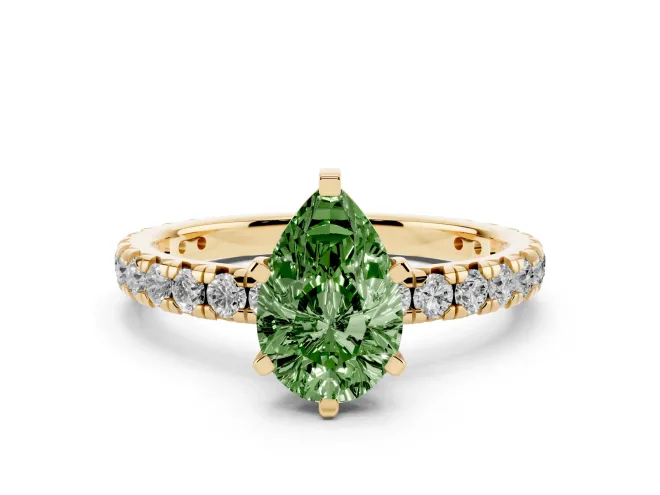 Fancy Green Pear Cut Diamond Pavé Solitaire Ring Set in Yellow gold with Round Band and Prong Setting