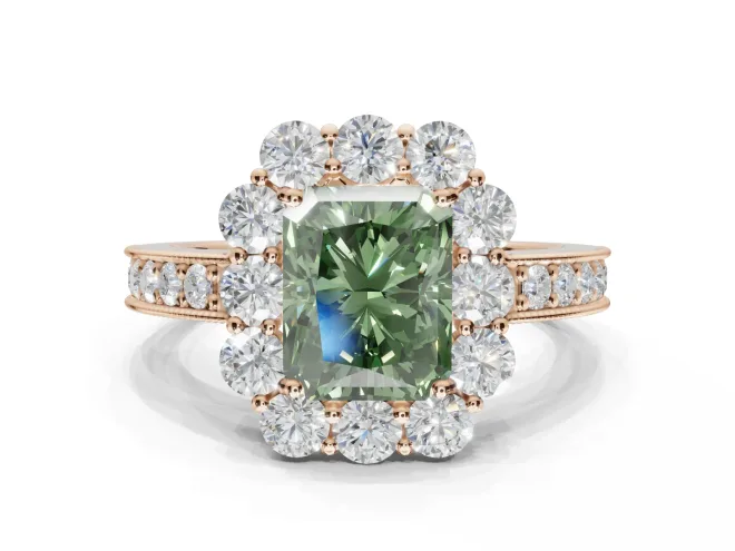 Radiant Cut Vintage Halo Engagement Ring Setting for a Fancy Green Lab-Grown Diamond | Milgrain Channel Band | Rose Gold