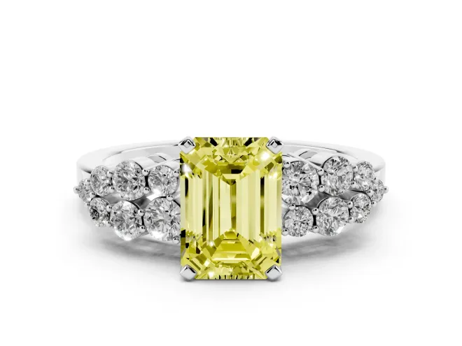 Emerald Cut Side Stone Engagement Ring Setting for a Fancy Yellow Lab-Grown Diamond | Shoulder Clusters | White Gold