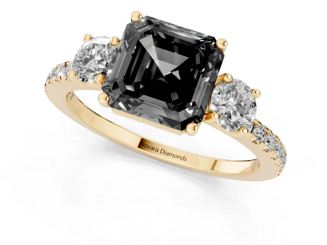 Fancy Black Asscher Cut Diamond Three-Stone Ring Set in Yellow gold with Pavé Band and Graduated Sides – second view