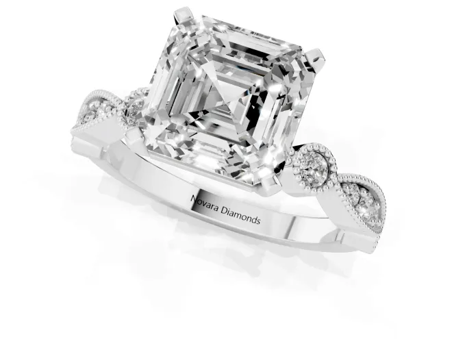 Asscher Cut Diamond Solitaire Engagement Ring Set in White gold with Milgrain Bezel Accent Band – second view