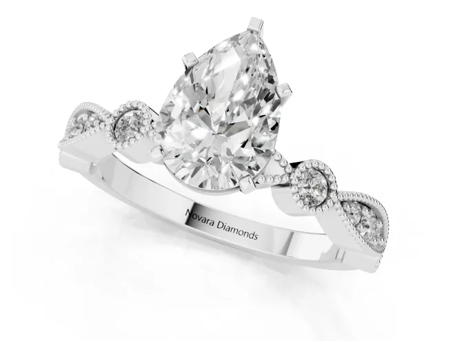 Pear Cut Diamond Solitaire Engagement Ring Set in White gold with Milgrain Bezel Accent Band – second view