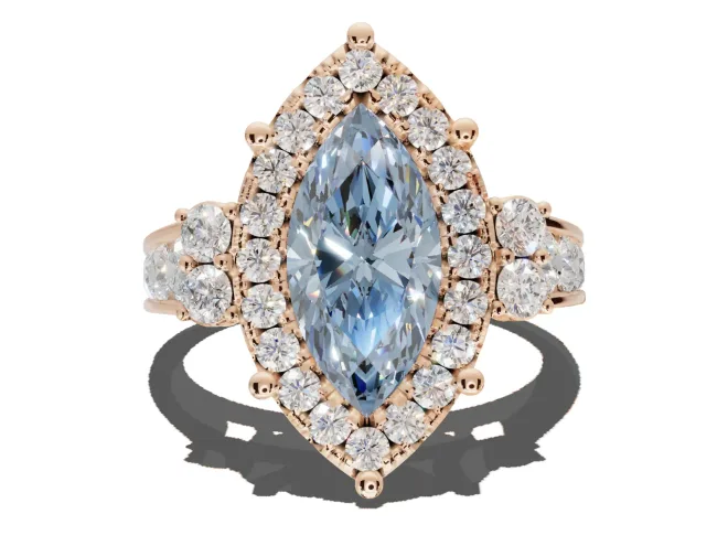 Marquise Halo Engagement Ring Setting for a Fancy Blue Lab-Grown Diamond | Side Clusters | Rose Gold