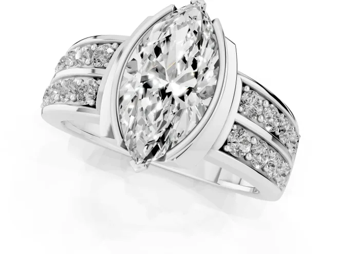 Marquise Cut Diamond Wide Channel Set Band Ring Set in Platinum with Bezel Setting – second view