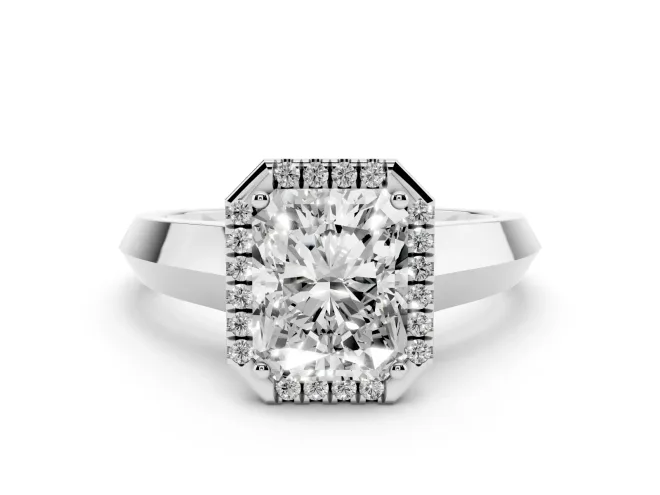 Radiant Cut Diamond Halo Ring Set in White gold with Cathedral Band and Prong Setting