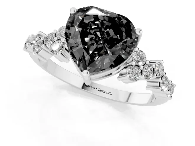 Fancy Black Heart Cut Diamond Ring Set in White gold with Scattered Round Accents – second view