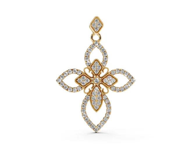 Round Lab-Grown Diamond Pavé Floral Cross Pendant Necklace | Petal Arms | Yellow Gold
