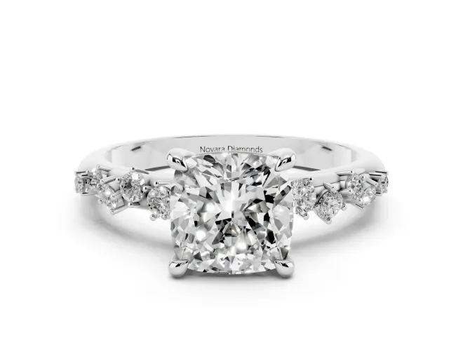 Cushion Cut Diamond Solitaire Vine Band Ring Set in White gold with Round Accents and Prong Setting
