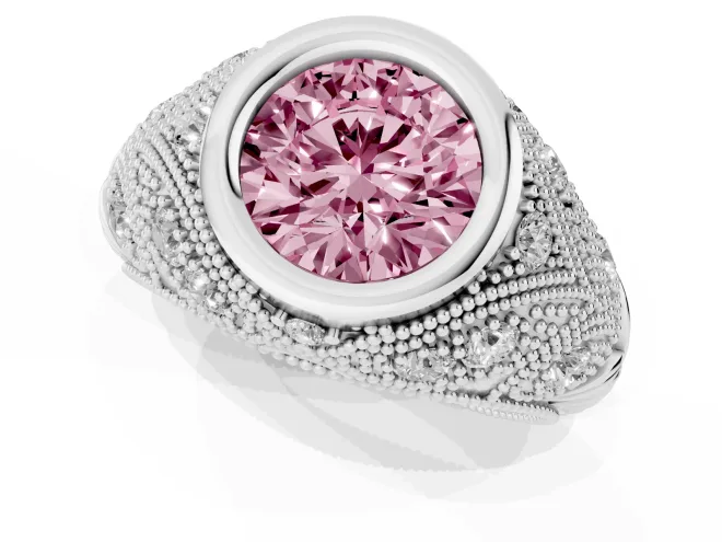 Fancy Pink Round Cut Diamond Bezel Ring Set in Silver with Milgrain Accent Band – second view