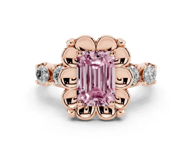 Fancy Pink Emerald Cut Diamond Floral Halo Ring Set in Rose gold with Shared Prong Band