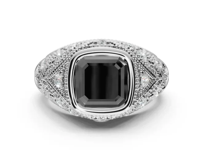 Asscher Cut Vintage Bezel Engagement Ring Setting for a Black Center | Milgrain Band | White Gold