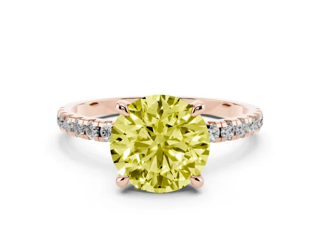 Fancy Yellow Round Cut Diamond Brilliant Solitaire Ring Set in Rose gold with Pavé Band and Prong Setting