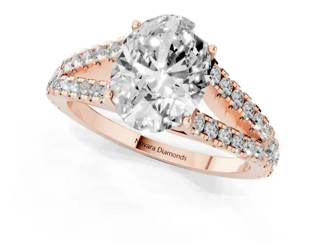 Oval Cut Diamond Split Shank Pavé Engagement Ring Set in Rose gold with Prong-Held Center Stone – second view