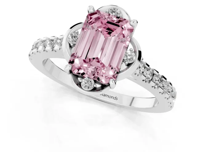 Fancy Pink Emerald Cut Diamond Solitaire Ring Set in Platinum with Pavé Band and Floral Prong Setting – second view