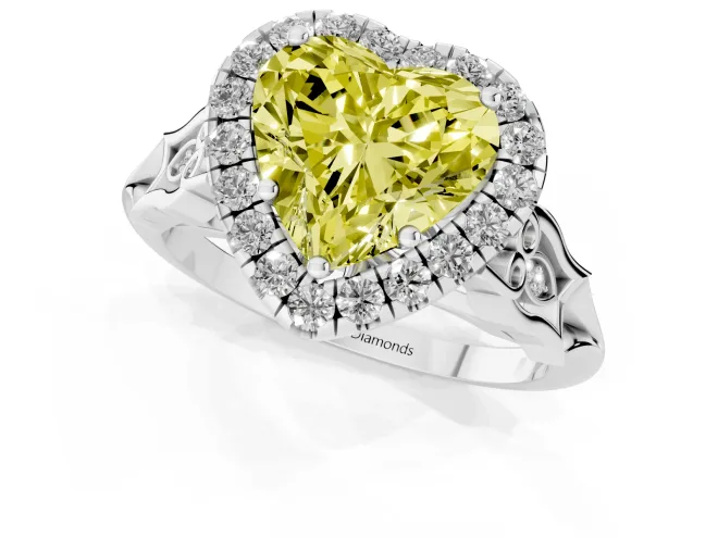 Fancy Yellow Heart Cut Diamond Halo Engagement Ring Set in Platinum with Filigree Band and Prong-Set Center – second view