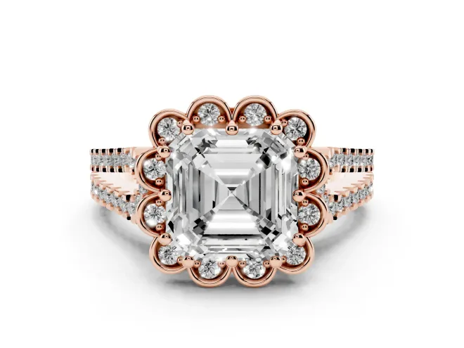 Asscher Cut Diamond Floral Halo Split Shank Engagement Ring Set in Rose gold with Pavé Shank