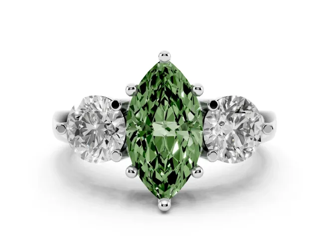 Fancy Green Marquise Cut Diamond Three-Stone Ring Set in Silver with Prong Setting and Classic Band